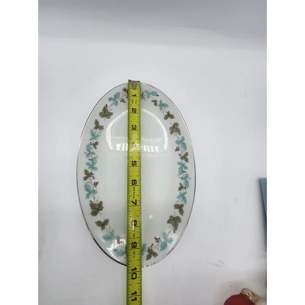 Vintage Fine China Japan 6701 Oval Platter Teal Green Leaf Berry Silver Rim 10